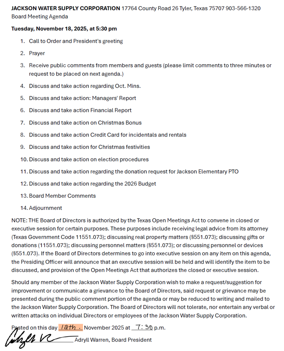 AGENDA BOARD MEETING NOVEMBER 18, 2025