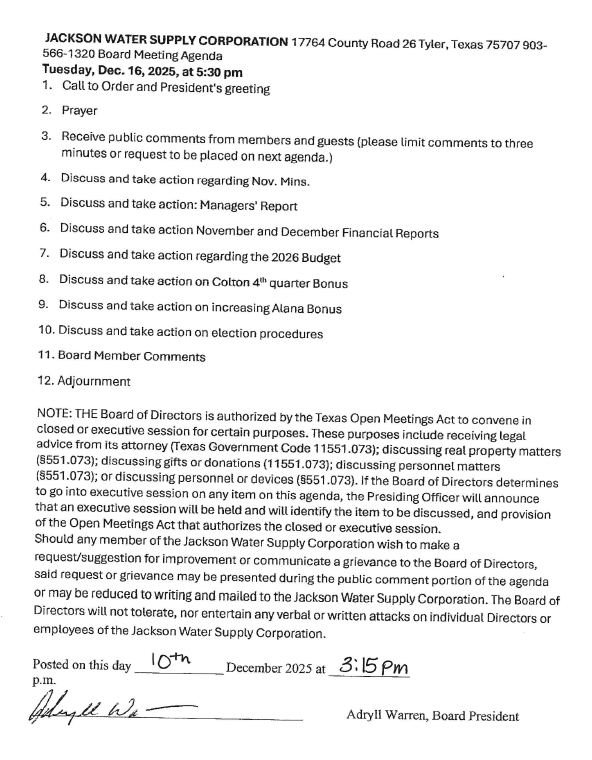 AGENDA DECEMBER 16, 2025 BOARD MEETING